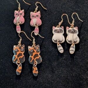 3 Pairs Cute Cat Earrings Set in Pink/ White, White/ Gray, and Orange/ Black